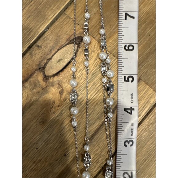 Chicos Faux Pearl CZ Silver Tone 18" Long Rope Link Chain Statement Necklace NEW - Picture 10 of 14